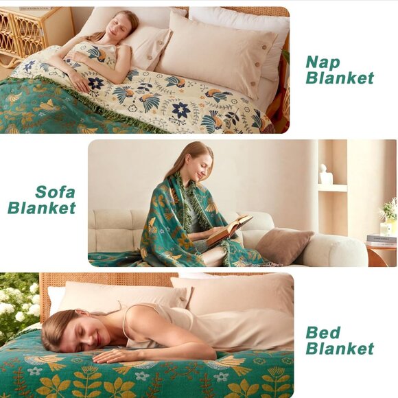 Boho Cotton Throw Blanket Queen Full Green Multicolor Bird Floral 79x91 NIP - Picture 4 of 5